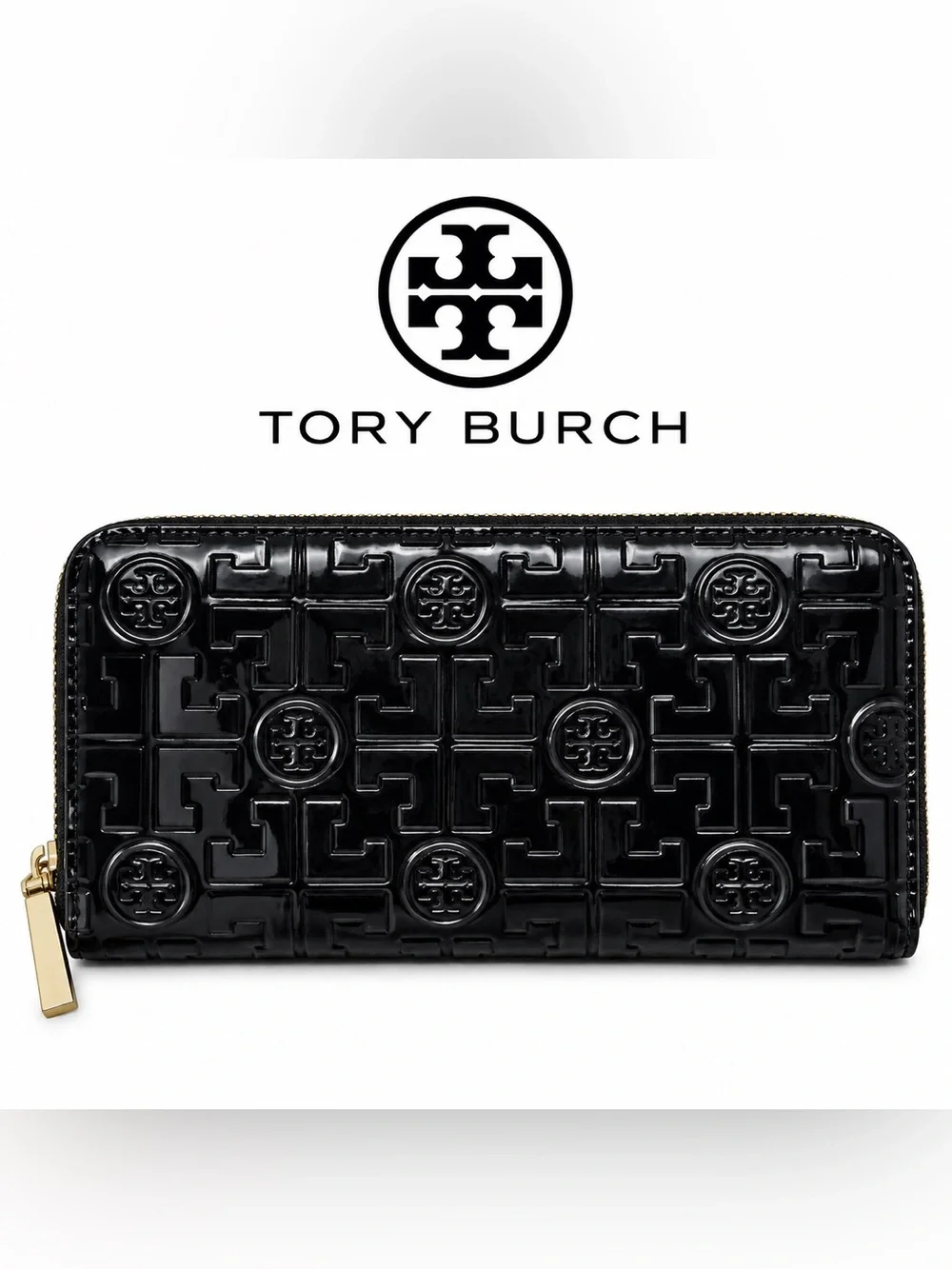 Tory Burch Black Patent Leather Embossed Logo Zip Around Continental Wallet